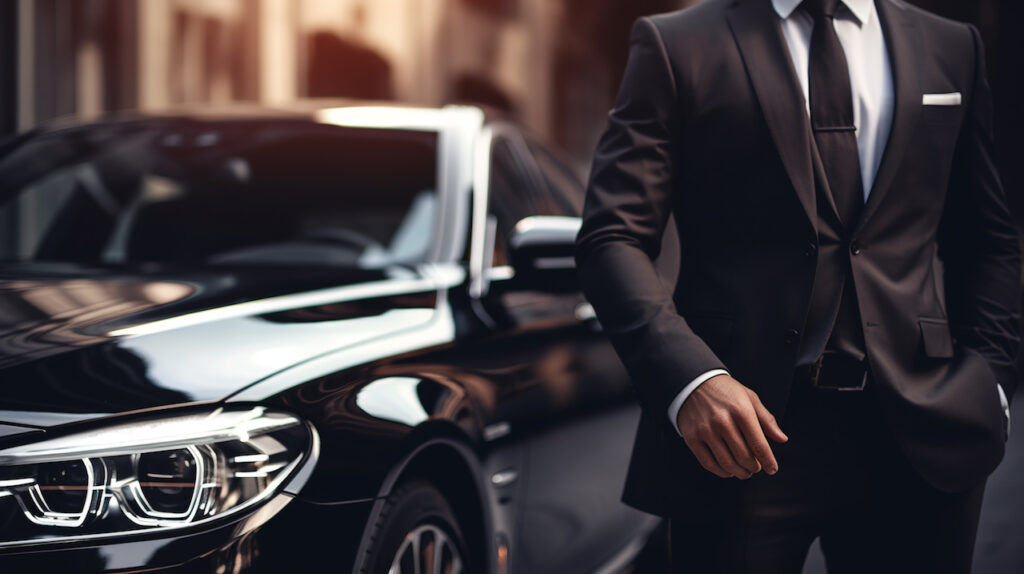Professional driver near luxury car, close up.